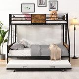 Twin over FULL Metal Bunk Bed with Trundle 2 - Side Ladder and Full-Length Guardrail, No Box Spring Needed, Large Under Bed Storage, Easy assemble, Black & Brown P-W311133413
