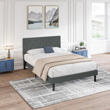 Queen Size Upholstered Platform Bed Frame with Modern Button Tufted Linen Fabric Headboard, No Box Spring Needed, Wood Slat Support, Easy assembly, Dark Grey W311P195324