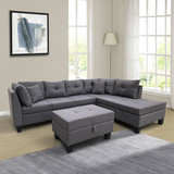 Sectional Sofa Set for Living Room with Right Hand Chaise Lounge and Storage Ottoman (Dark Grey) W311S00017