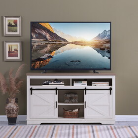 Farmhouse TV Stand for 65+ inch TV, 33" Tall Highboy Entertainment Center w/Sliding Barn Door, Rustic Media Console w/Storage Shelves, Wood Television Stand for Living Room, Antique White