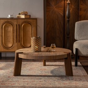 Wood Round Coffee Table for Living Room, Rustic Natural Coffee Table for Apartment, Easy assembly W3158P297416