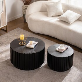 Coffee Table Nesting End Table Set of 2, Modern Black Fluted Coffee Table, Wood Side Table Circle Accent Tables for Small Spaces Living Room Bedroom Balcony Office,Black,Fully assembled W3158P395513