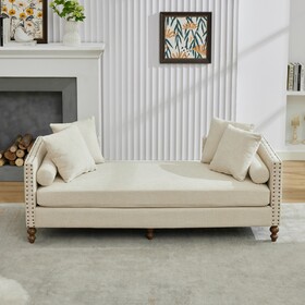 75.2" Wide Upholstered Chaise Lounge Indoor with Nailheads,Sleeper Sofa Couch with 4 Throw Pillows&2 Bolsters,Daybed with Rubberwood Legs for Living Room,Bedroom, Apartment,Guestroom,Beige Chenille