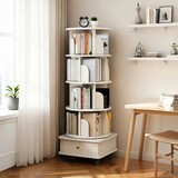5 Tier Rotating Bookshelf, 360° Display Round Spinning Bookshelf with Wheels and Drawer, Space-Saving, Small Space Rotating Bookshelf Tower for Bedroom, Living Room, Home, Office, Warm White