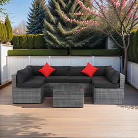 5 Pieces PE Rattan sectional Outdoor Furniture Cushioned U Sofa set with 2 Pillow Grey wicker + Black Cushion W329S00014