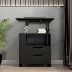 Height Adjustable Overbed End Table Wooden Nightstand with Swivel Top, Drawers, Wheels and Open Shelf, Black W33128753