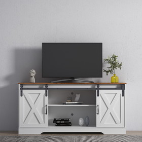 TV Stand Sliding Barn Door Wood Entertainment Center, Storage Cabinet Table Living Room with Adjustable Shelves for TVs up to 65", Distressed White&Rustic W33133046