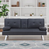 Black Leather Office Double Folding Sofa Bed with Matching Coffee Table, Multifunctional Design W3356P298471