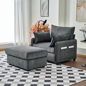 55" Oversized Chaise Lounge Chair Indoor with Ottoman and Storage, Comfy Corduroy Single Sofa, Upholstered Deep Seat Chaise Lounge with Pillows for Living Room, Bedroom, Apartment, Grey.