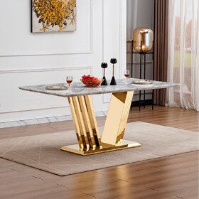 Marble Dining Table for 6 People, 70" Rectangle Faux Marble Dining Table with Mirrored Finish Stainless Steel Base, Modern Large Size Marble Kitchen Table (Gold,Grey)(only table) W3456S00020
