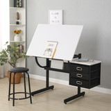 White adjustable drafting drawing table with stool and 3 drawers W34738470