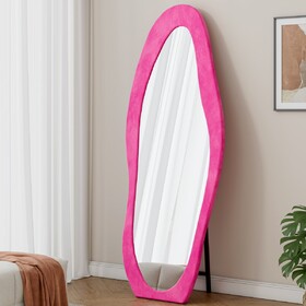 Full Length Mirror, 63" x 24" Floor Mirror/ Wall Mirror, Flannel Wrapped Wooden Frame Floor Mirror, Irregular Wavy Mirror Standing/Halling Large Wall Mirror, Pink