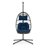 Outdoor Patio Wicker Hanging Chair Swing Chair Patio Egg Chair Uv Resistant Dark Blue Cushion Aluminum Frame W34965368