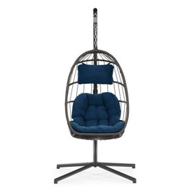 Outdoor Patio Wicker Hanging Chair Swing Chair Patio Egg Chair Uv Resistant Dark Blue Cushion Aluminum Frame W34965368