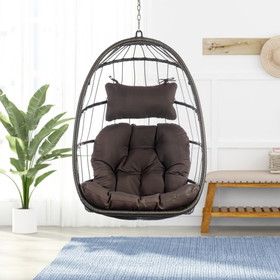 Outdoor Wicker Rattan Swing Chair Hammock Chair Hanging Chair with Aluminum Frame and Dark Grey Cushion without Stand 265lbs Capacity W34965382