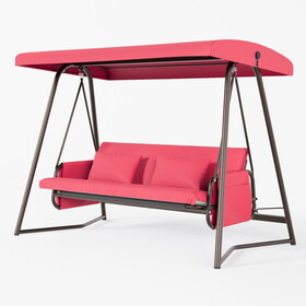 Outdoor Patio 3 seaters Metal Swing Chair Swing bed with Cushion and Adjustable Canopy Red Color