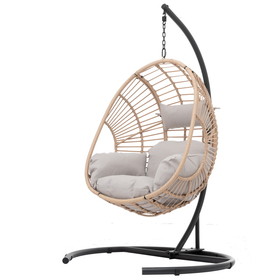 Outdoor Indoor Swing Egg Chair Natural Color Wicker with Beige Cushion