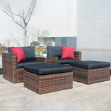 5 Pieces Outdoor Patio Garden Brown Wicker Sectional Conversation Sofa Set with Black Cushions and Red Pillows, with Furniture Protection Cover W400S00026