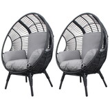 2 Pieces Patio PE Wicker Egg Chairs Model 2 with Black Color Rattan Grey Cushion