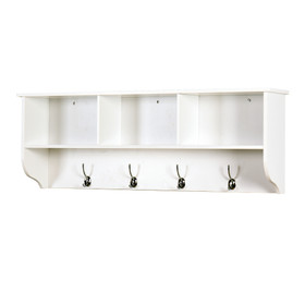 White Entryway Wall Mounted Coat Rack with 4 Dual Hooks Living Room Wooden Storage Shelf W40939293