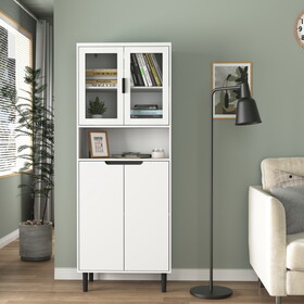 Tall Storage Show Cabinet with 2 Glass Display Door & 2 Doors, Tall Kitchen Pantry Cabinet with Gold Handles, Modern Cabinet Freestanding for Bathroom, Dining Living Room, White W409P171440