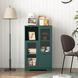 Wooden Floor Cabinet with 2 Glass Doors and 2 Storage Space,Blue Living Room Bathroom Entryway Green W409P171458