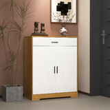 Shoe Cabinet, 4-Tier Shoe Rack Organizer with 1 Drawer, Freestanding Wooden Shoe Storage Cabinet with 2 White Door & Adjustable Shelves for Entryway Hallway W409P195061