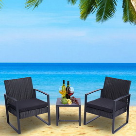 3 Pieces Patio Set Outdoor Wicker Patio Furniture Sets Modern Set Rattan Chair Conversation Sets with Coffee Table for Yard and Bistro (Black) W41923225