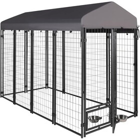 Outdoor Dog Kennel, 8' x 6' x 4' with Waterproof Heavy Duty Metal Dog Cage,Large Size w/Rotate Feeding Doors & Upgraded Canopy for Medium/Big Dog W419P186098