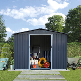 Outdoor Storage Shed 8 x 6 FT Large Metal Tool Sheds, Heavy Duty Storage House with Sliding Doors with Air Vent for Backyard Patio Lawn to Store Bikes, Tools, Lawnmowers Dark Grey W419S00035