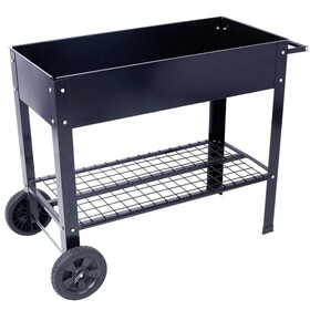 Products Elevated Mobile Raised Ergonomic Metal Planter Garden Bed for Backyard, Patio w/Wheels, Lower Shelf, black W46543804