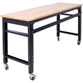 Workbench - 60" Wide Rolling Workbenches for Garage - Adjustable Height, Workshop Tool Bench, Metal with rubber Wood Top W46560405