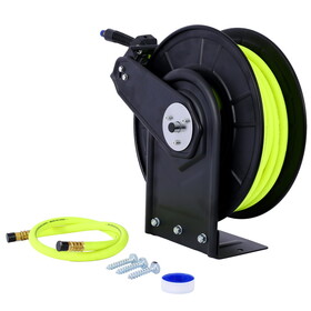 Retractable Air Hose Reel with 3/8" inch x 50' ft,Heavy Duty Steel Hose Reel Auto Rewind Pneumatic,Industrial Grade Rubber Hose,300 PSI,Black W46566958
