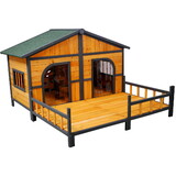 Wooden Large Dog House Outdoor Double XL Dog Kennel with Elevated Floor and Porch, Weatherproof Puppy Shelter for Small and Medium Breed Dogs, Natural W465P189954