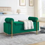 Elegant Upholstered Velvet Storage Bench with Cylindrical Arms and Iron Legs for Hallway Living Room Bedroom, Green