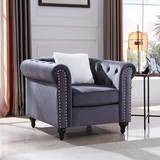 Sofa Chair, with Button and Copper nNail on Arms and Back, One White Villose Pillow, Velvet Grey (38