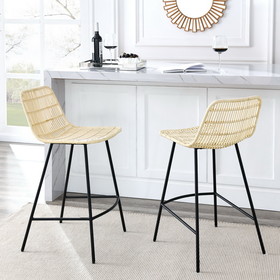 Set of 2, Natural Rattan Indoor Bar Chair, Black Finish Steel Legs, Natural (17.5"x20"x34") W48735491