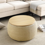 Round Storage Ottoman, 2 in 1 Function, Work as End Table and Ottoman, Natural (25.5