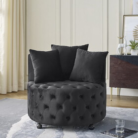 Velvet Upholstered Swivel Chair for Living Room, with Button Tufted Design and Movable Wheels, Including 3 Pillows, Black