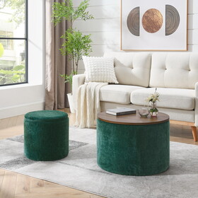 2-Piece Set Round Chenille Storage Ottoman, Equipped with a Drum Shaped Small Stool, Storage Space, and MDF Made Desktop Panel (Dark Green23.62"x23.62"x16.53") W487P179603