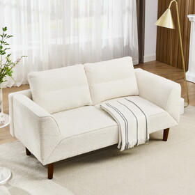 Convertible Futon Sofa Bed, Comfy Loveseat Sleeper Sofa with Adjustable Armrest, Strengthen Wood, Thick Padded Cushion, Small 2 Seater Couch for Living Room, Bedroom, Beige W487P180469