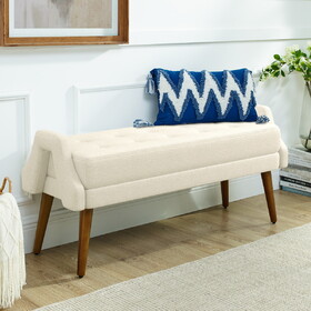 Modern living room bench, made of looped yarn fabric, with soft cushion, irregular geometric armrests, and rubber wooden legs, suitable for living rooms, bedrooms, and entrances--beige W487P183022