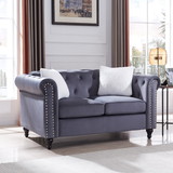 Loveseat Living Room Sofa, with Button and Copper Nail on Arms and Back, Two White Villose Pillow, Velvet Grey (60