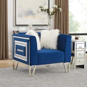 Sofa Chair with Mirrored Side Trim with Faux Diamonds and Stainless Steel Legs, Six White Villose Pillow, Blue (36.5"Lx32.75"Wx29.5"H) W487S00053