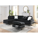 Sectional 3-Seaters Sofa with Reversible Chaise, Storage Ottoman and Cup Holders, Metal Legs and Copper Nails, Two White Villose Pillows, Black(107.5