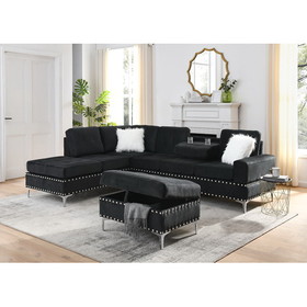 Sectional 3-Seaters Sofa with Reversible Chaise, Storage Ottoman and Cup Holders, Metal Legs and Copper Nails, Two White Villose Pillows, Black(107.5" x 80.5" X36")