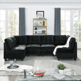U Shape Modular Sectional Sofa, DIY Combination, Includes Four Single Chair and Two Corner, Black Velvet. W487S00062