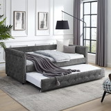 Daybed with Trundle Upholstered Tufted Sofa Bed, with Button and Copper Nail on Arms, Both Twin Size, Grey (85.5