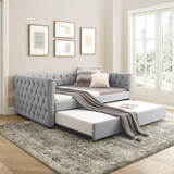 Daybed with Trundle Upholstered Tufted Sofa Bed, with Button and Copper Nail on Square Arms, Full Daybed & Twin Trundle, Grey (85