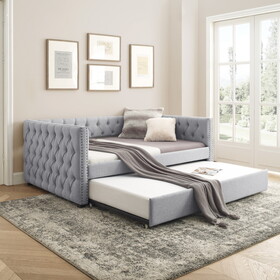 Daybed with Trundle Upholstered Tufted Sofa Bed, with Button and Copper Nail on Square Arms, Full Daybed & Twin Trundle, Grey (85"X57"X31.5")